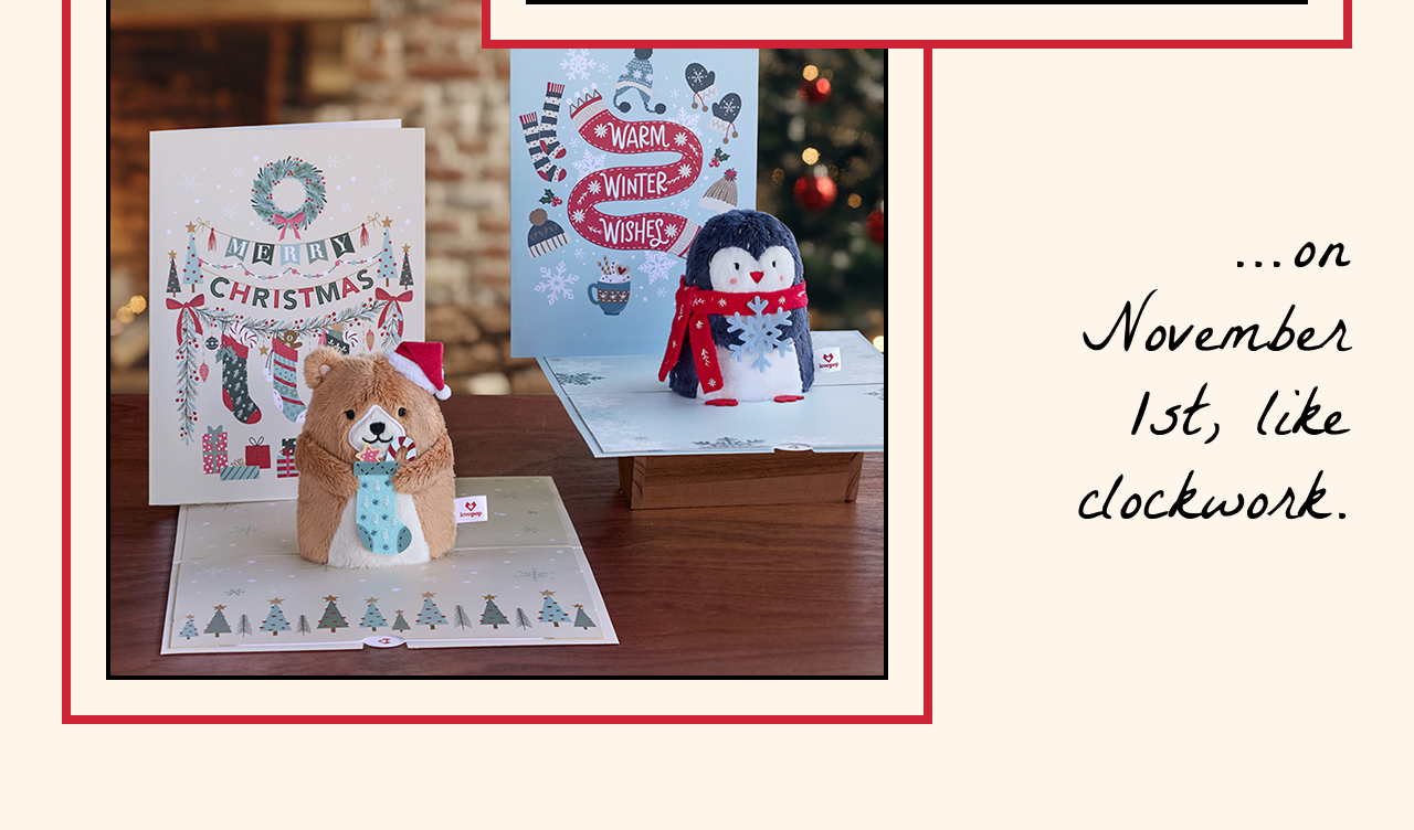 Holiday Plushpop cards featuring a teddy bear and penguin with cozy winter scarves, set against a Christmas backdrop. Ask ChatGPT