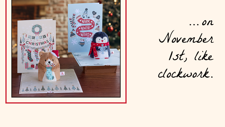 Holiday Plushpop cards featuring a teddy bear and penguin with cozy winter scarves, set against a Christmas backdrop. Ask ChatGPT