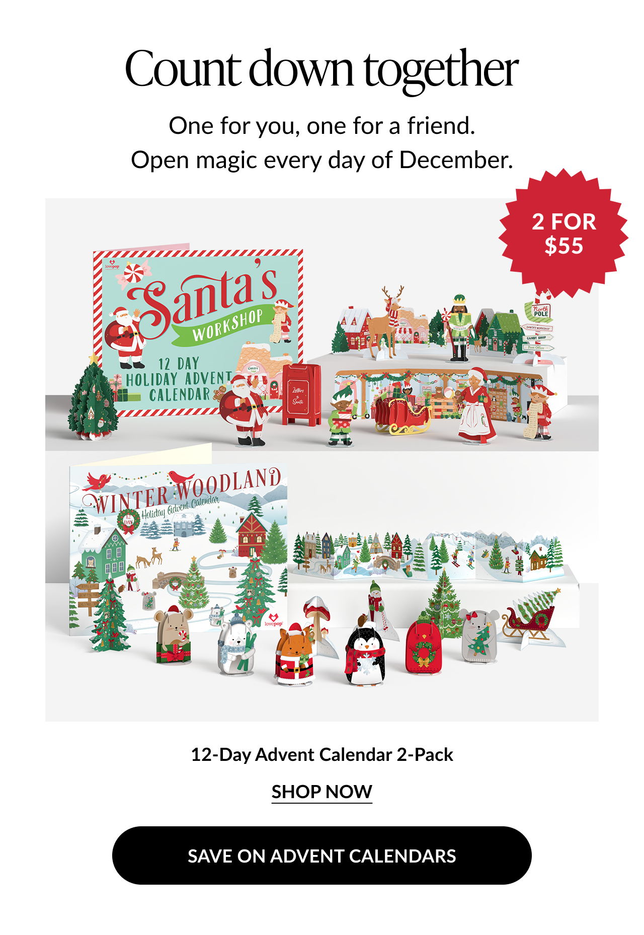 Two-pack offer of 12-Day Advent Calendars featuring Santa’s Workshop and Winter Woodland themes with a red badge that says “2 for $55.”