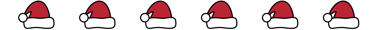 Four red Santa hats in a horizontal row on a white background.