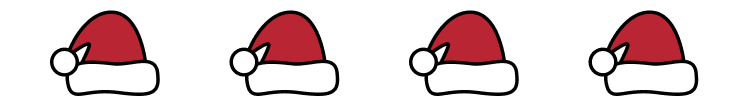 Four red Santa hats in a horizontal row on a white background.