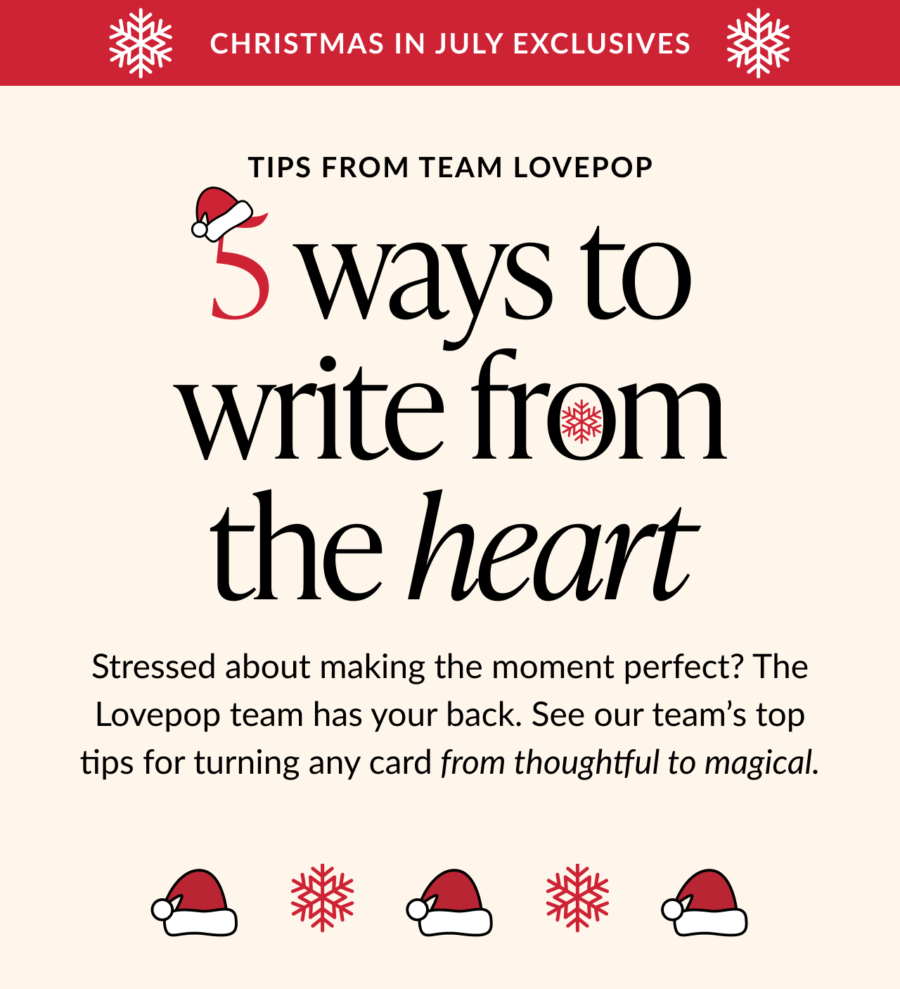 Graphic with headline 5 ways to write from the heart featuring holiday-themed typography and icons, promoting Lovepop team tips for thoughtful card writing.