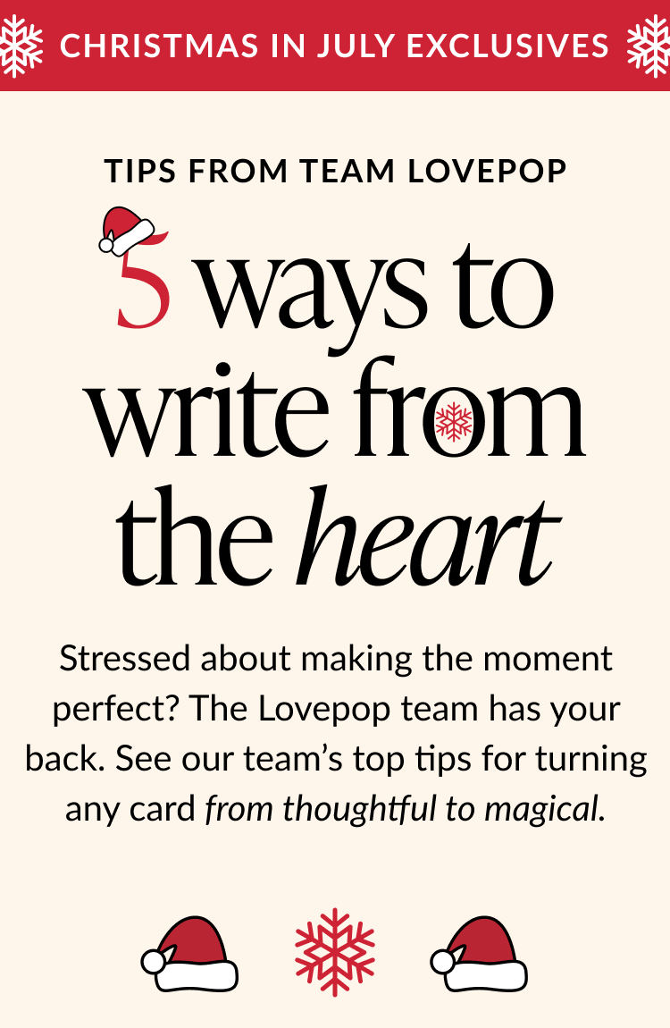 Graphic with headline 5 ways to write from the heart featuring holiday-themed typography and icons, promoting Lovepop team tips for thoughtful card writing.