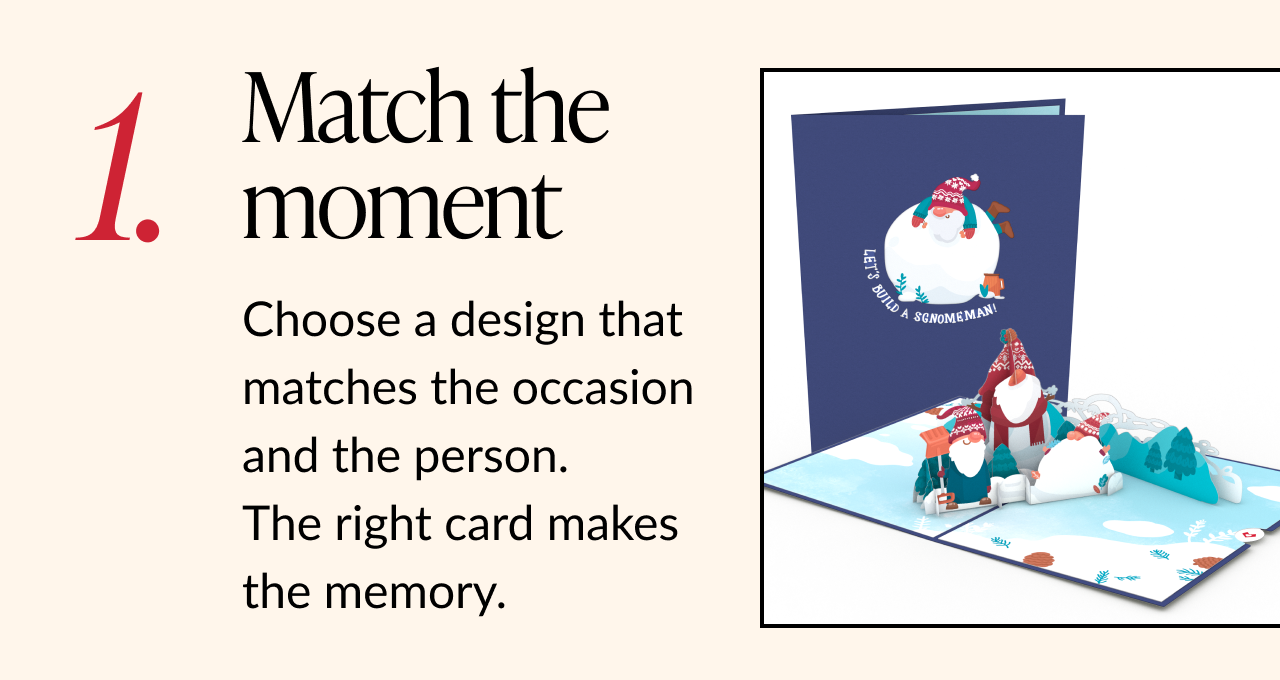 Step 1 tip card featuring a blue pop-up card with gnomes in a snowy scene, encouraging shoppers to Match the moment.
