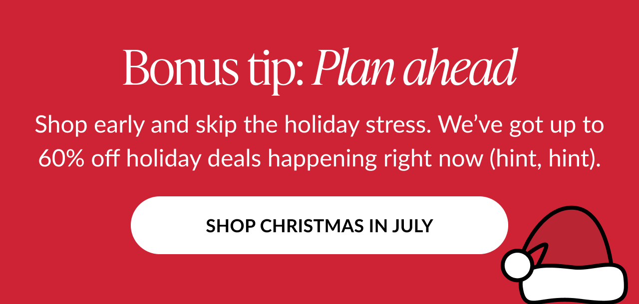 Promotional graphic with a red background reading Bonus tip: Plan ahead! encouraging early holiday shopping with savings up to 60%.