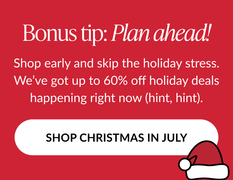 Promotional graphic with a red background reading Bonus tip: Plan ahead! encouraging early holiday shopping with savings up to 60%.