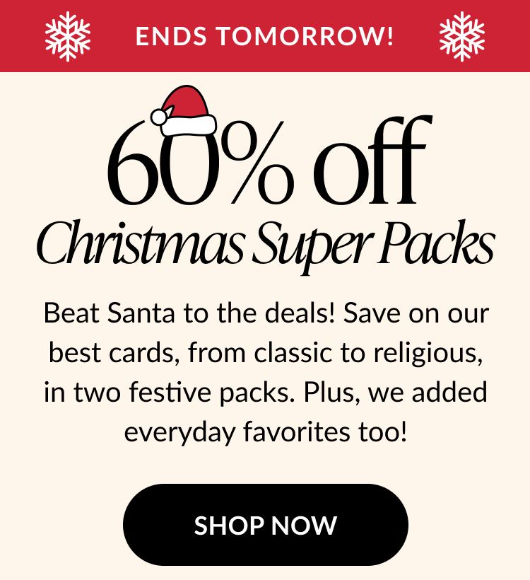 Promotional banner reading 60% off Christmas Super Packs, featuring a Santa hat and snowflake illustrations.