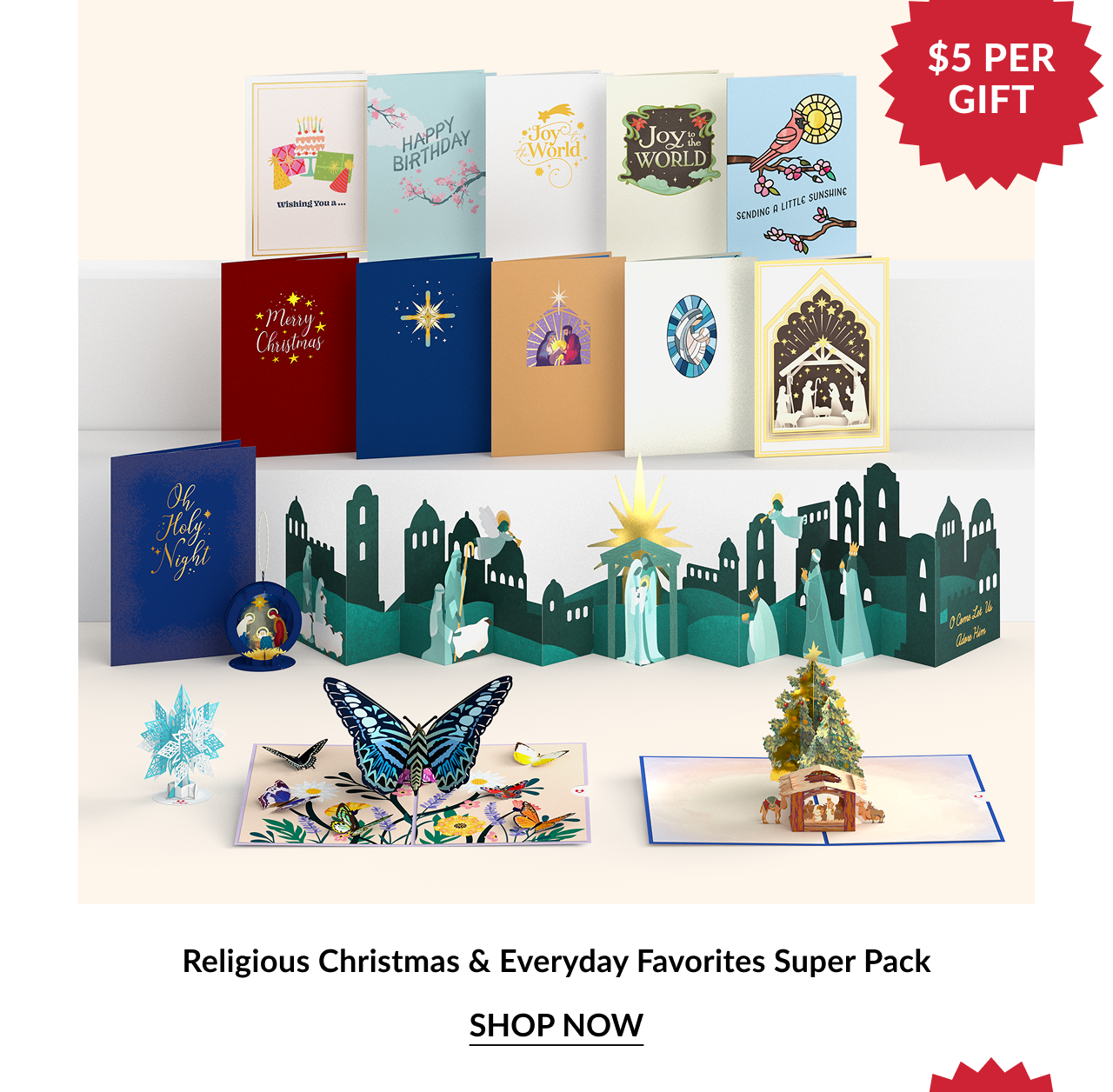 Image of the Religious Christmas & Everyday Favorites Super Pack, showing various holiday and everyday cards and pop-ups, marked $5 per gift.