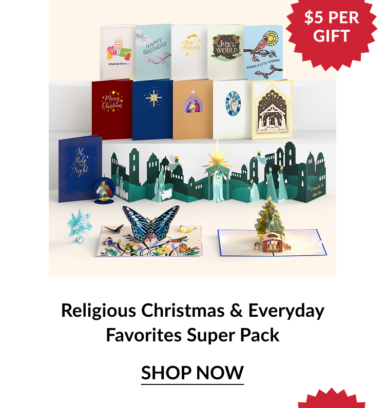 Image of the Classic Christmas & Everyday Favorites Super Pack, featuring Christmas trees, festive animals, and holiday pop-ups, marked $5 per gift.