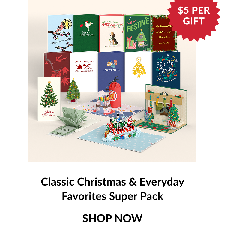 Image of the Classic Christmas & Everyday Favorites Super Pack, featuring Christmas trees, festive animals, and holiday pop-ups, marked $5 per gift.