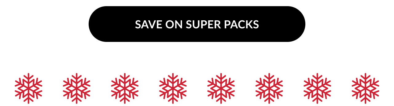 A button graphic that reads SAVE ON SUPER PACKS on a black background, with red snowflake icons beneath.