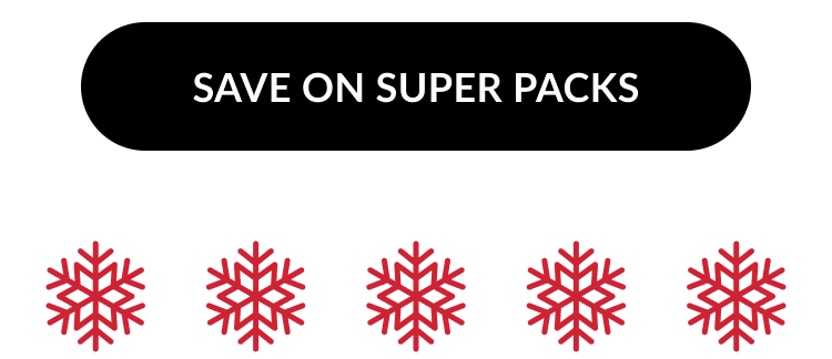 A button graphic that reads SAVE ON SUPER PACKS on a black background, with red snowflake icons beneath.