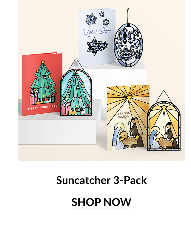 Image of the Suncatcher 3-Pack, showcasing Christmas cards with stained glass-inspired pop-up suncatchers.