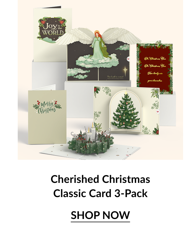 Image of the Cherished Christmas Classic Card 3-Pack, showing elegant holiday cards with angel, wreath, and Christmas tree pop-up designs. Ask ChatGPT