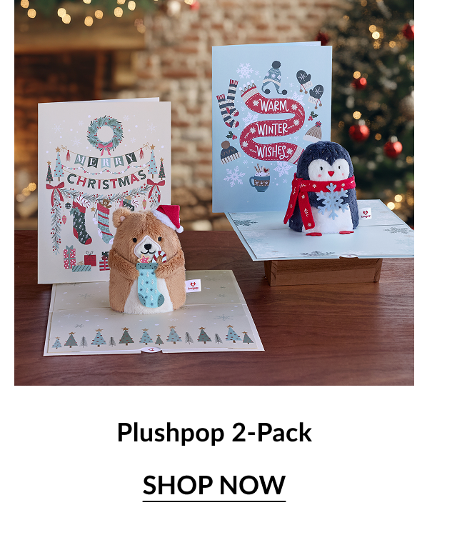 Image of the Plushpop 2-Pack, featuring plush pop-up holiday cards of a bear and penguin with a Christmas background.
