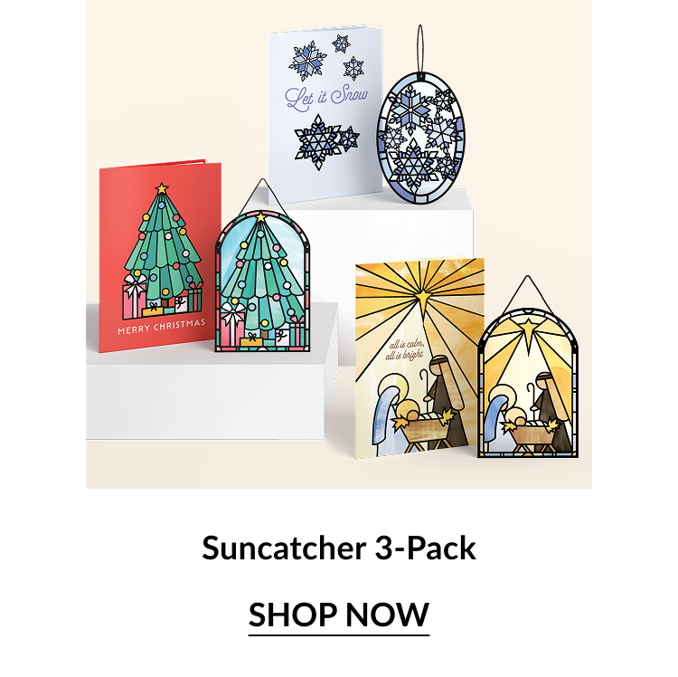Image of the Suncatcher 3-Pack, showcasing Christmas cards with stained glass-inspired pop-up suncatchers.