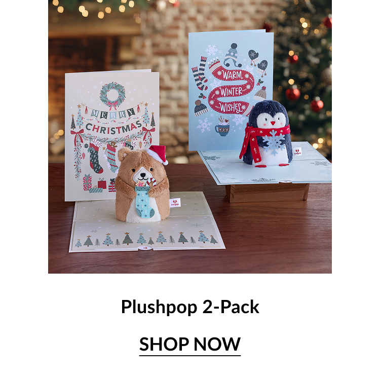 Image of the Plushpop 2-Pack, featuring plush pop-up holiday cards of a bear and penguin with a Christmas background.