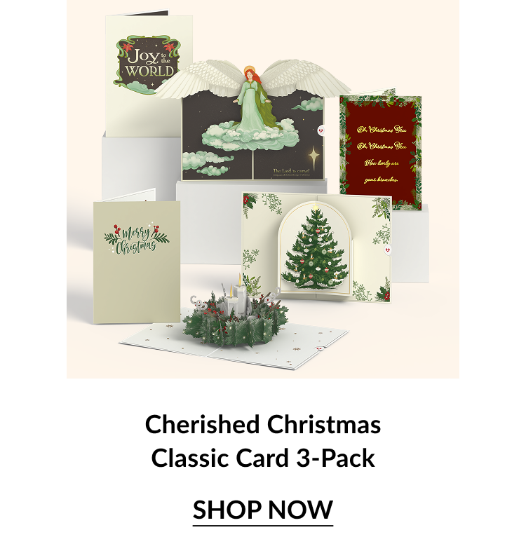 Image of the Cherished Christmas Classic Card 3-Pack, showing elegant holiday cards with angel, wreath, and Christmas tree pop-up designs. Ask ChatGPT