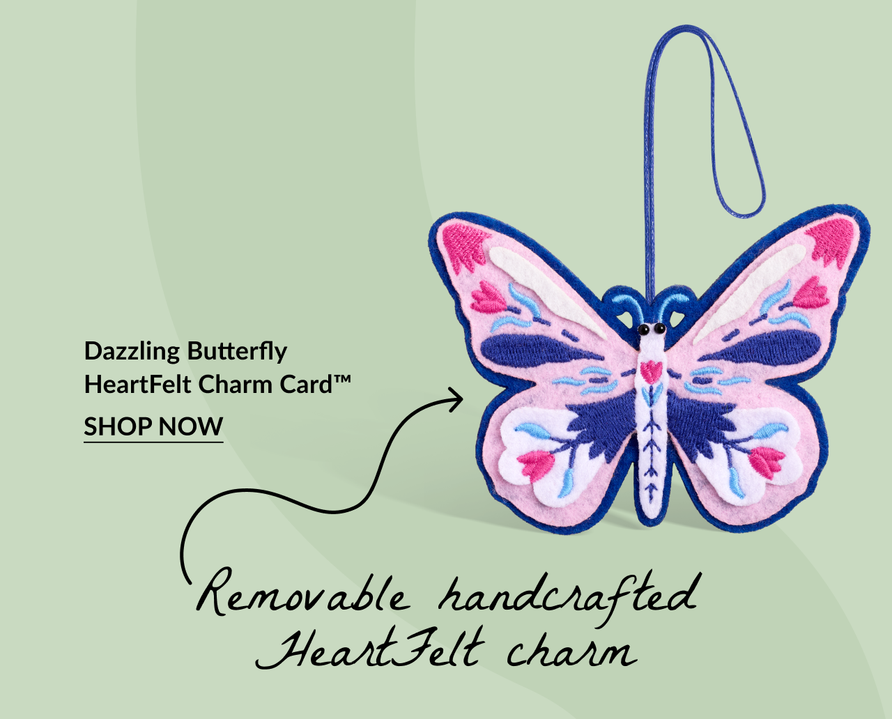 Dazzling Butterfly HeartFelt Charm Card featuring a purple and pink embroidered butterfly with text promoting its removable handcrafted charm.
