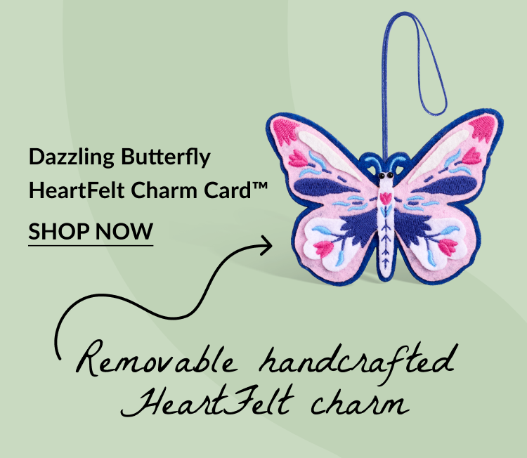 Dazzling Butterfly HeartFelt Charm Card featuring a purple and pink embroidered butterfly with text promoting its removable handcrafted charm.