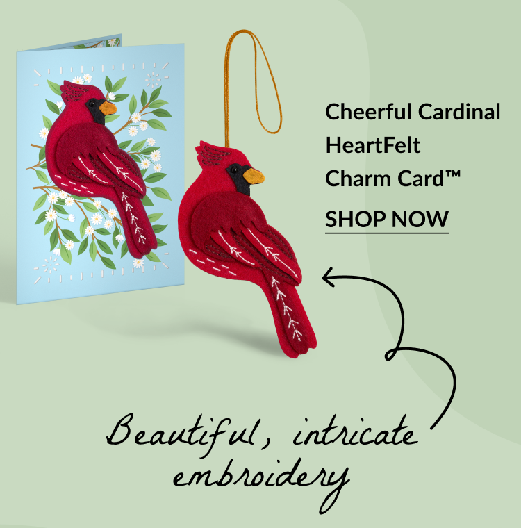 Cheerful Cardinal HeartFelt Charm Card showing a red cardinal charm and a matching card, highlighting the beautiful embroidery.