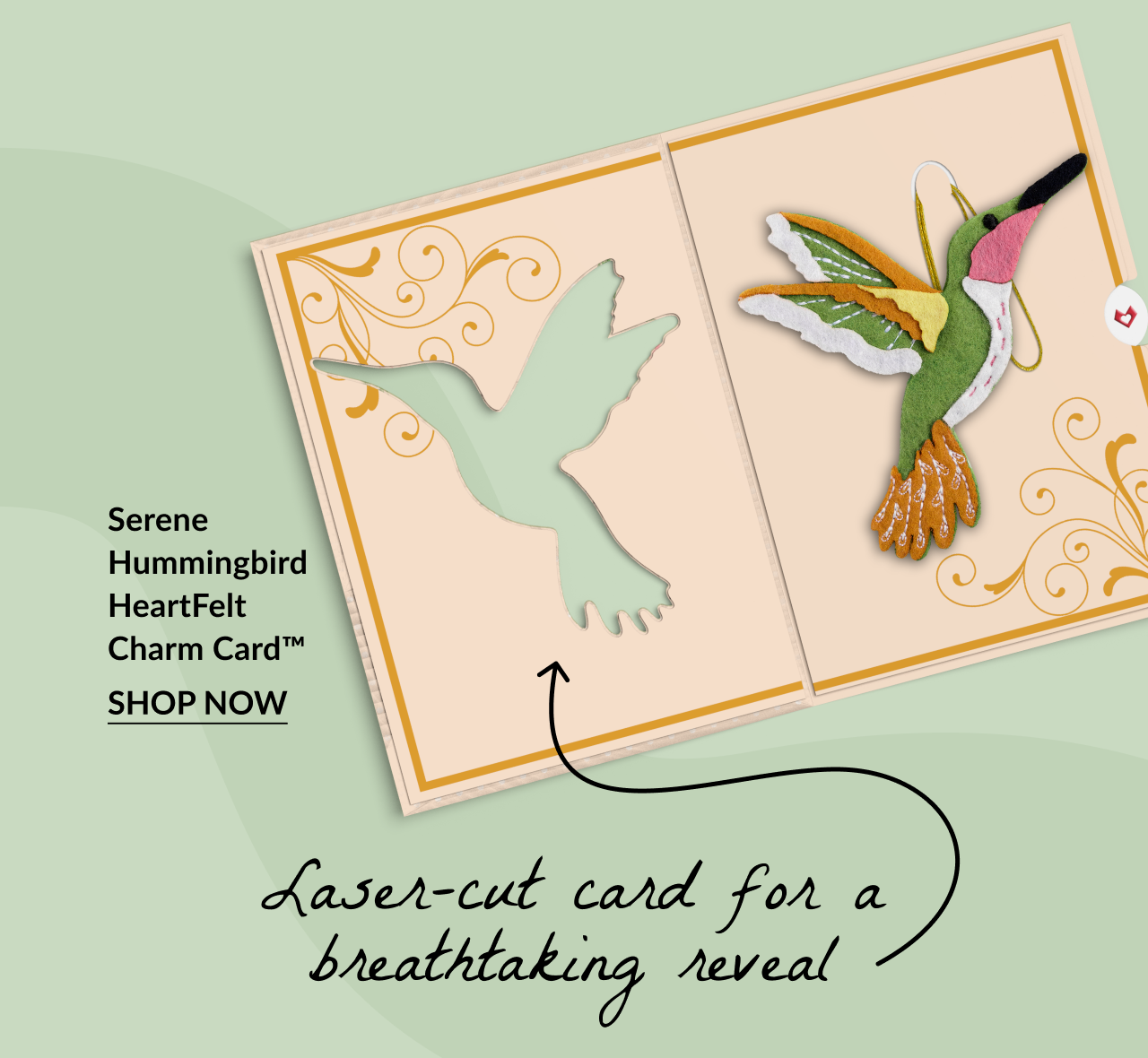Serene Hummingbird HeartFelt Charm Card with an open laser-cut card revealing a colorful embroidered hummingbird charm.
