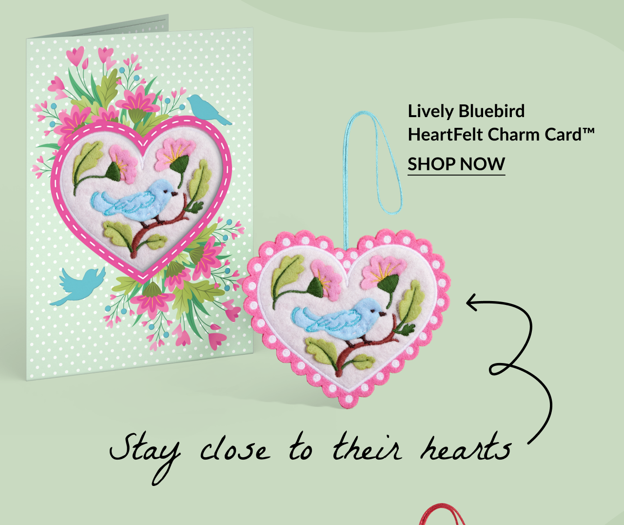 Lively Bluebird HeartFelt Charm Card featuring a heart-shaped charm with a bluebird and floral embroidery, paired with a matching card.