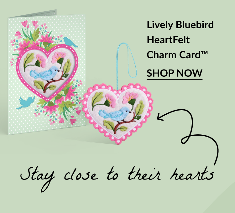 Lively Bluebird HeartFelt Charm Card featuring a heart-shaped charm with a bluebird and floral embroidery, paired with a matching card.