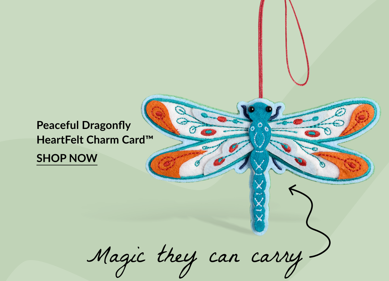 Peaceful Dragonfly HeartFelt Charm Card showcasing a blue and orange embroidered dragonfly charm.