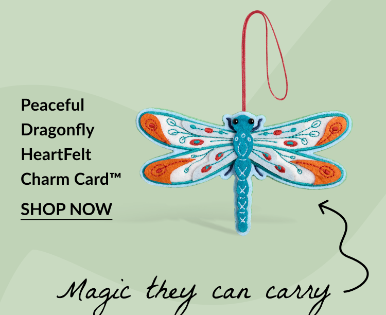 Peaceful Dragonfly HeartFelt Charm Card showcasing a blue and orange embroidered dragonfly charm.