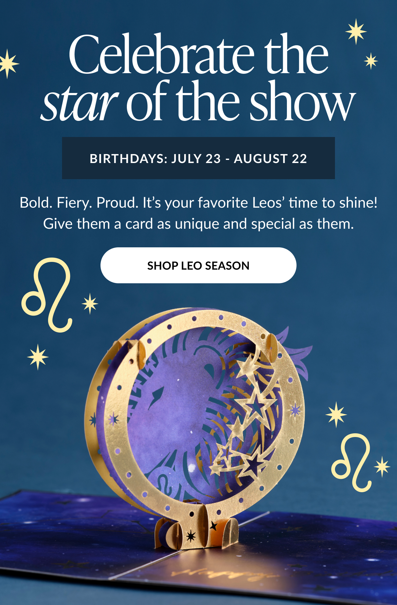Graphic promoting Leo season cards with a starry background and a pop-up lion-themed card.