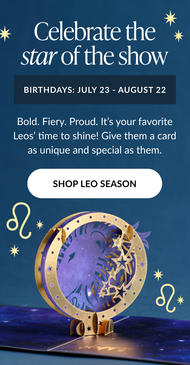 Graphic promoting Leo season cards with a starry background and a pop-up lion-themed card.