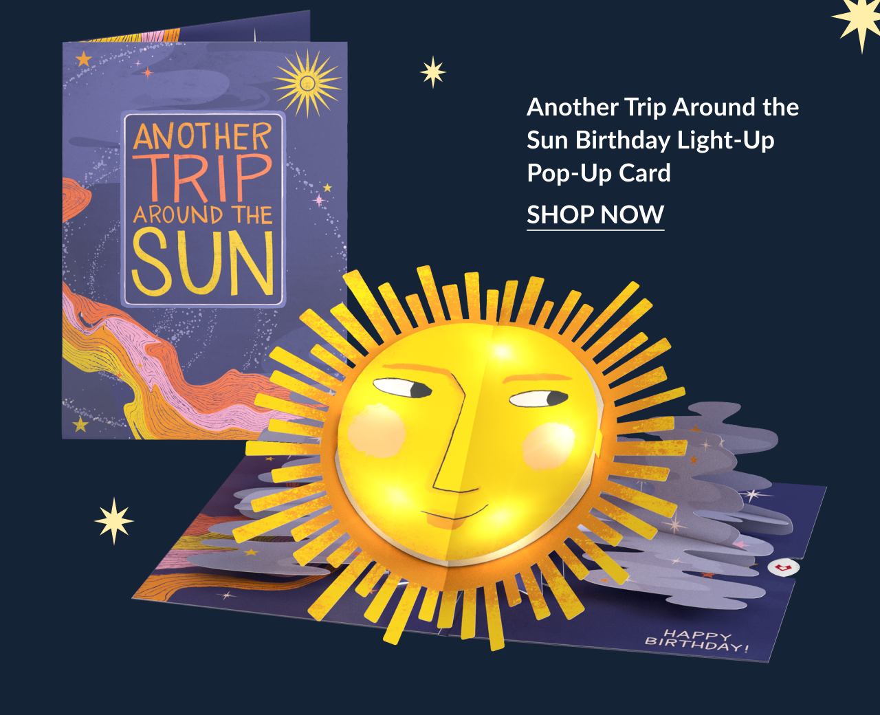Pop-up birthday card featuring a smiling sun and the phrase “Another Trip Around the Sun.”