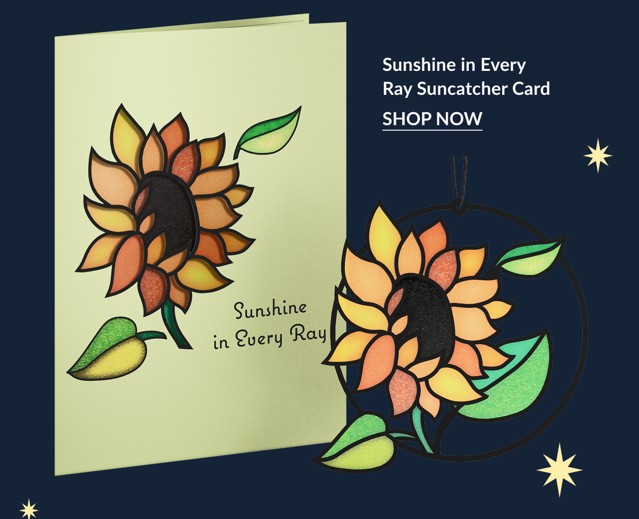 Sunflower-themed suncatcher card with a matching sunflower illustration.