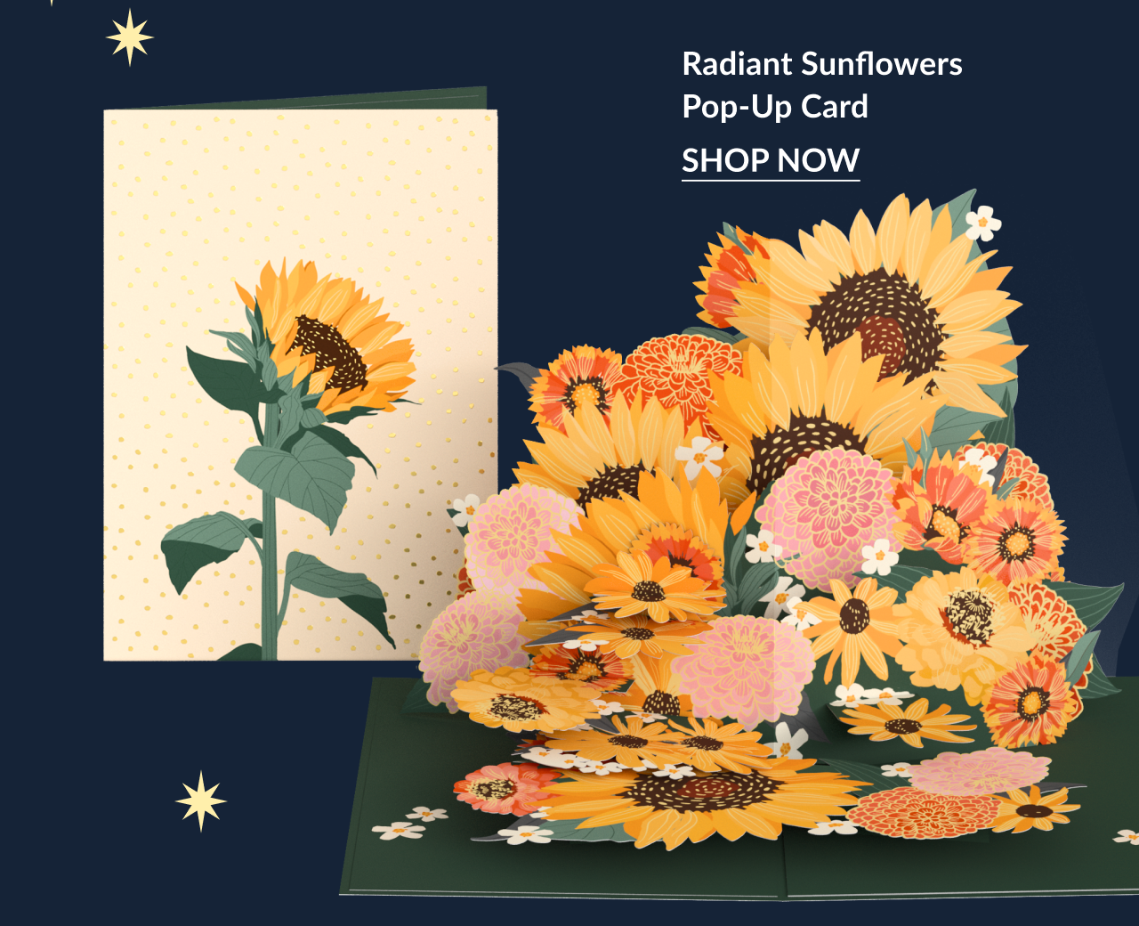 Pop-up card featuring a large bouquet of sunflowers with assorted flowers.