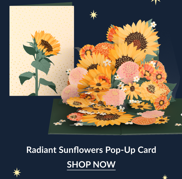 Pop-up card featuring a large bouquet of sunflowers with assorted flowers.