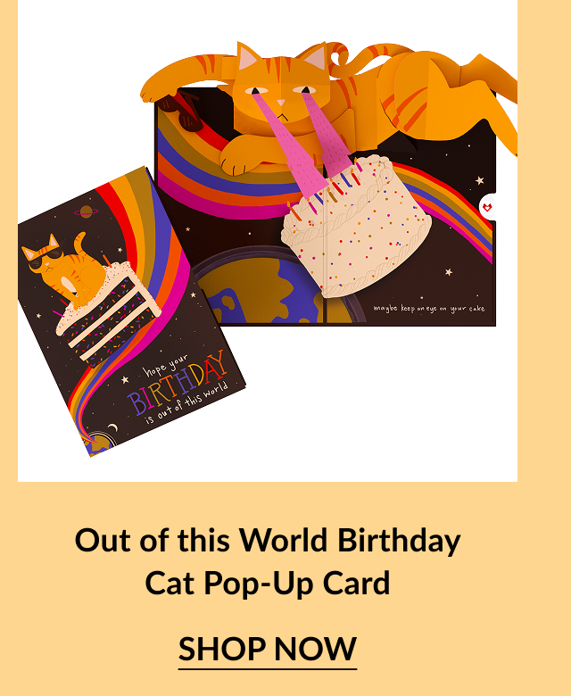 Pop-up card of an orange cat knocking over a birthday cake in space, with a rainbow trail and the message “Hope your birthday is out of this world.”