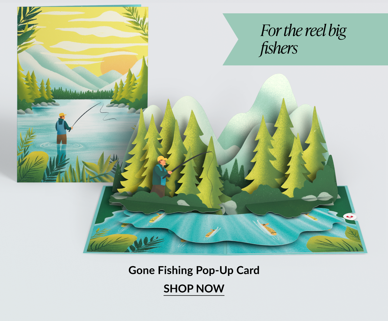 Pop-up card of a fisherman in a forested lake scene.