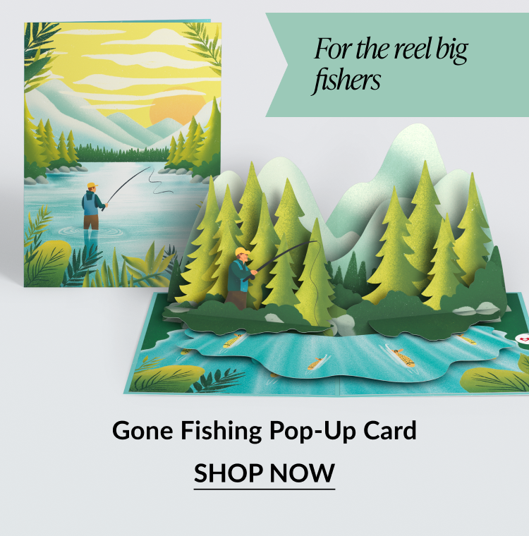 Pop-up card of a fisherman in a forested lake scene.