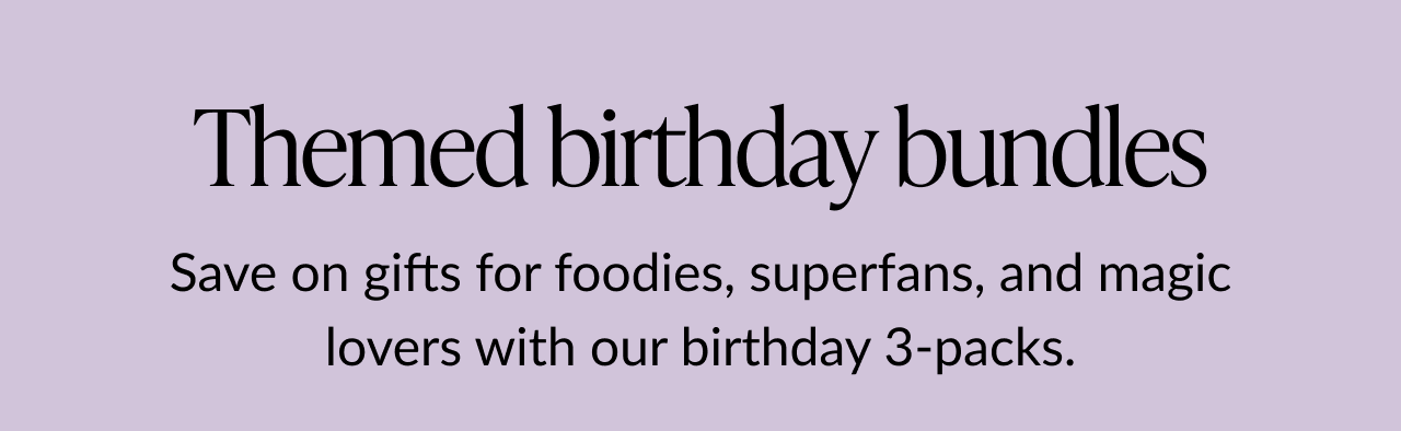 Text promoting themed birthday card bundles.