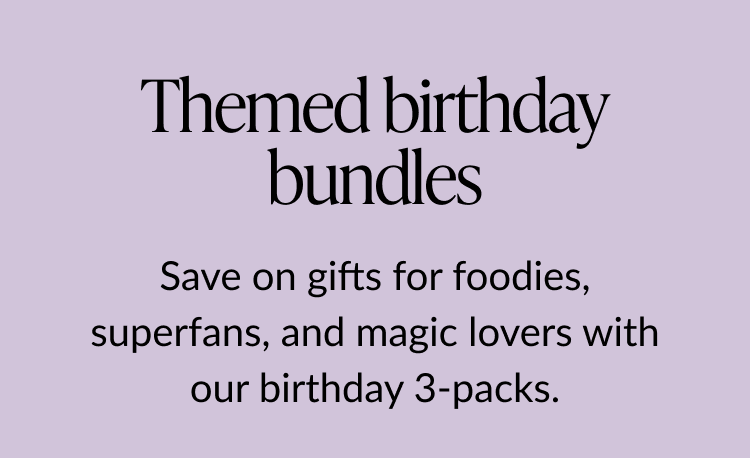 Text promoting themed birthday card bundles.