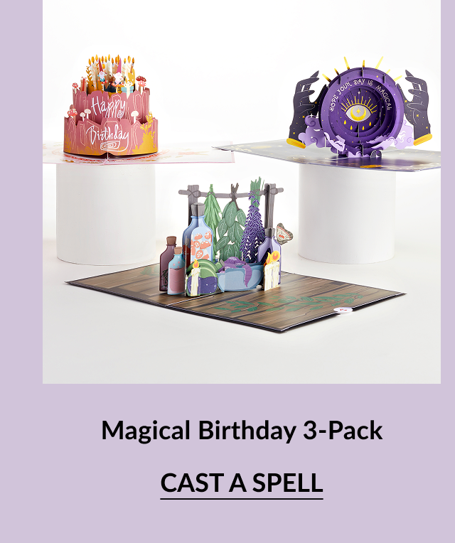 Three magical-themed birthday pop-up cards including a cake, potion shelf, and mystical eye.