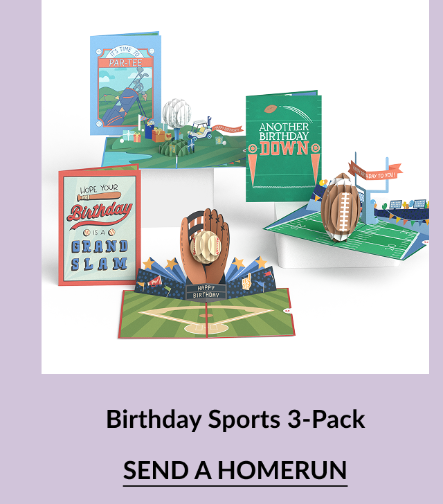 Three sports-themed pop-up cards: golf, baseball, and football.