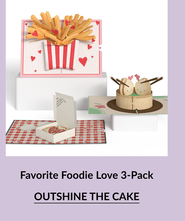 Three pop-up cards feThree foodie-themed pop-up cards: fries, dumplings, and pizza.aturing fun food themes: a box of French fries with red hearts, a bamboo steamer with two smiling dumplings, and a pizza in an open box on a red-checkered tablecloth.