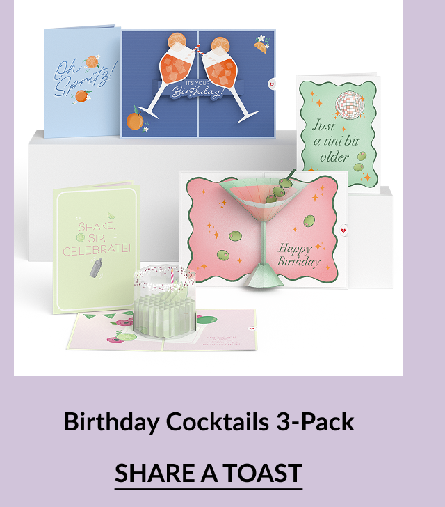 Three cocktail-themed pop-up cards: clinking glasses, martini, and lime drink.