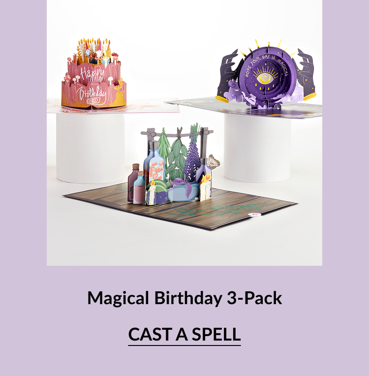 Three magical-themed birthday pop-up cards including a cake, potion shelf, and mystical eye.