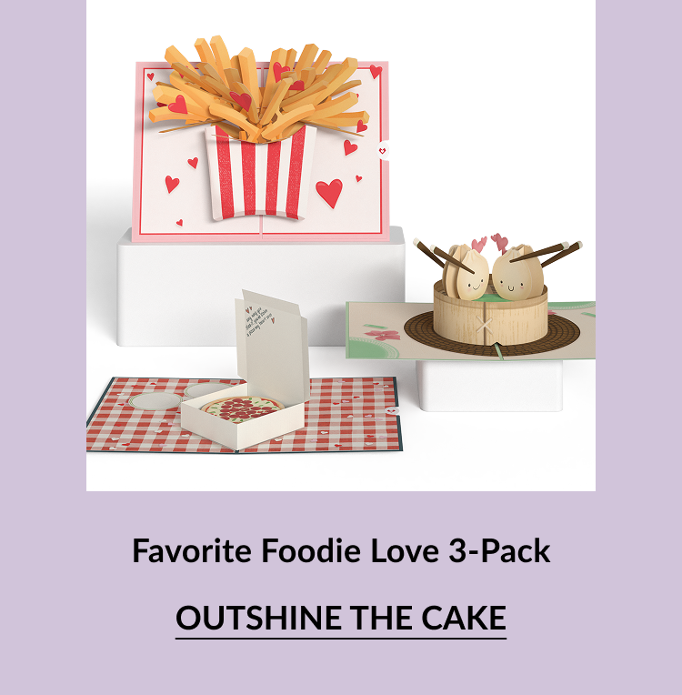 Three pop-up cards feThree foodie-themed pop-up cards: fries, dumplings, and pizza.aturing fun food themes: a box of French fries with red hearts, a bamboo steamer with two smiling dumplings, and a pizza in an open box on a red-checkered tablecloth.