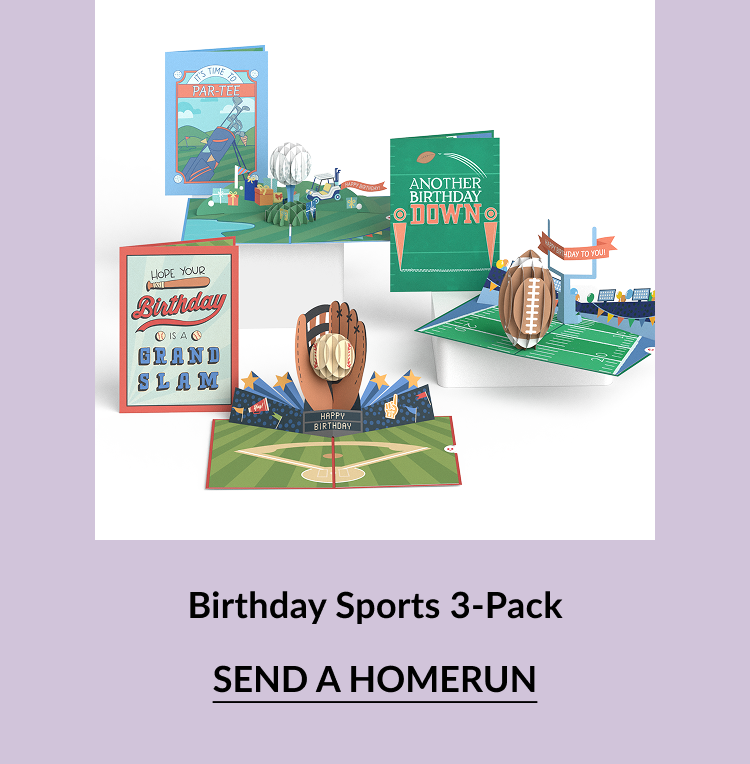 Three sports-themed pop-up cards: golf, baseball, and football.
