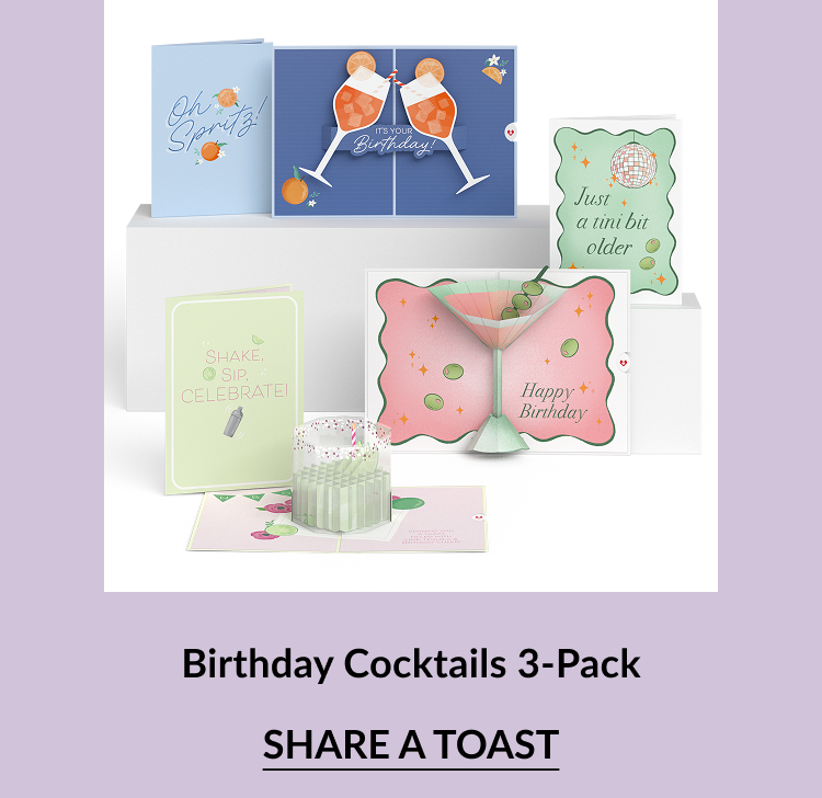 Three cocktail-themed pop-up cards: clinking glasses, martini, and lime drink.