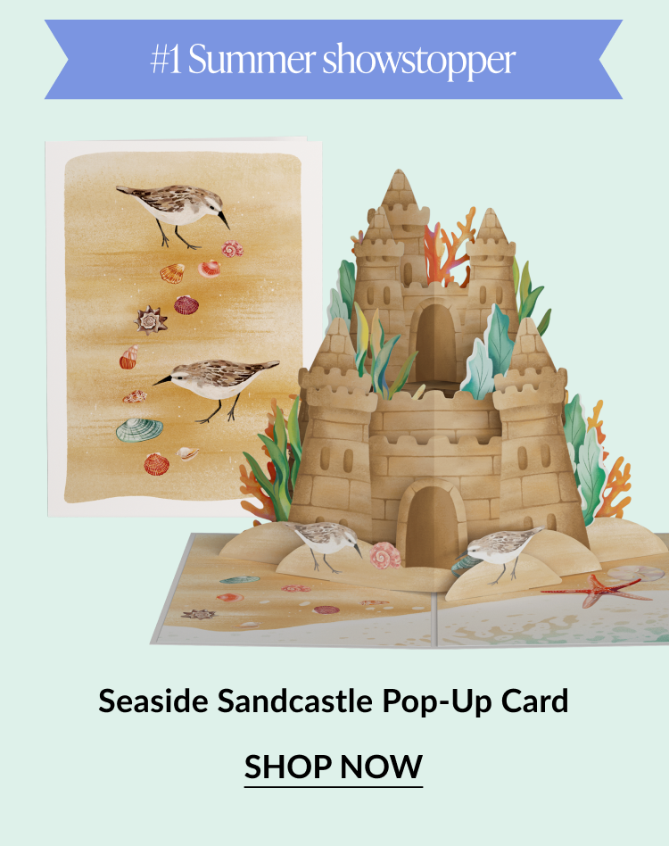 Pop-up card showing a detailed sandcastle with birds and seashells. Button: “Shop Now”